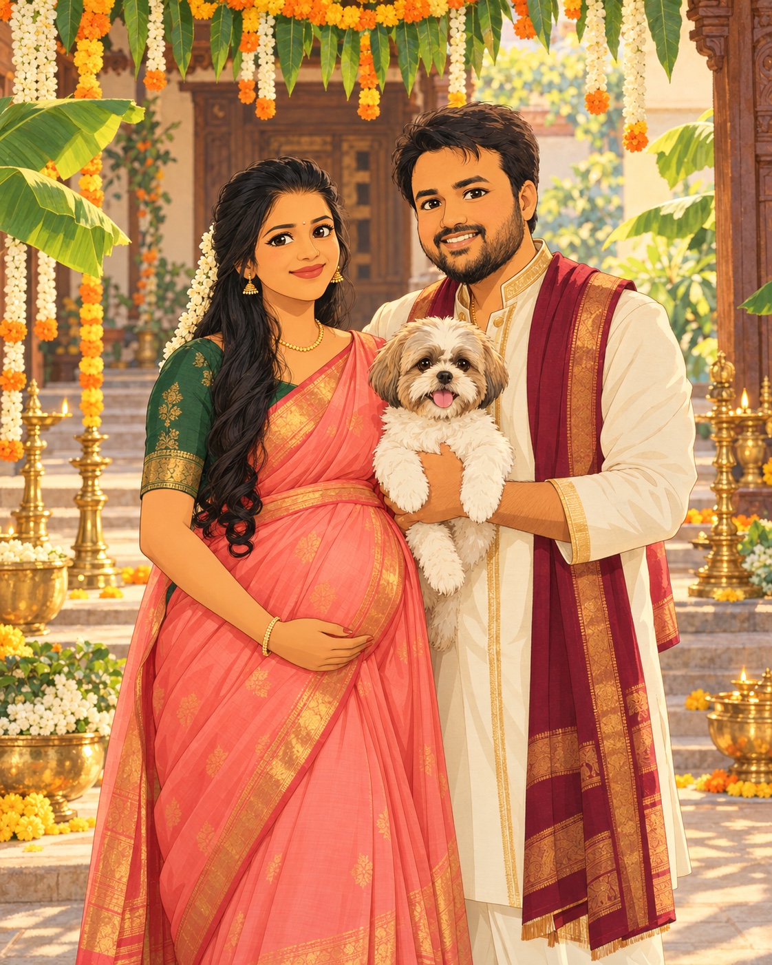 Ghibli-inspired illustration of Pavan and Ambica in a silk saree and traditional kurta, with their dog at a Seemantham ceremony